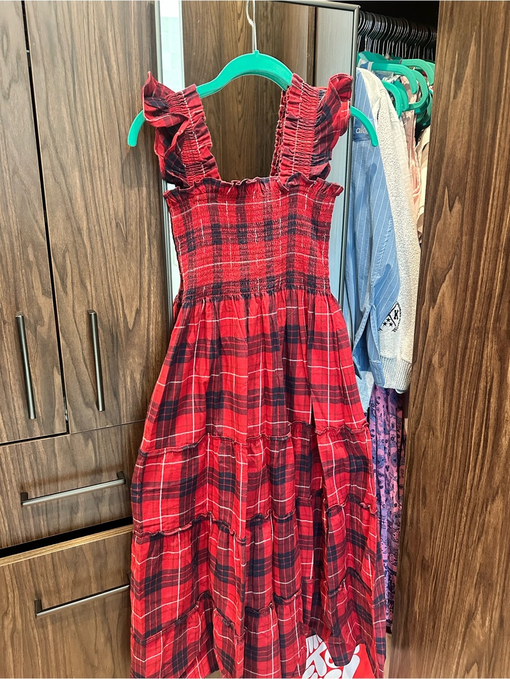 Hill House Red and Black Plaid Smocked Midi Dress